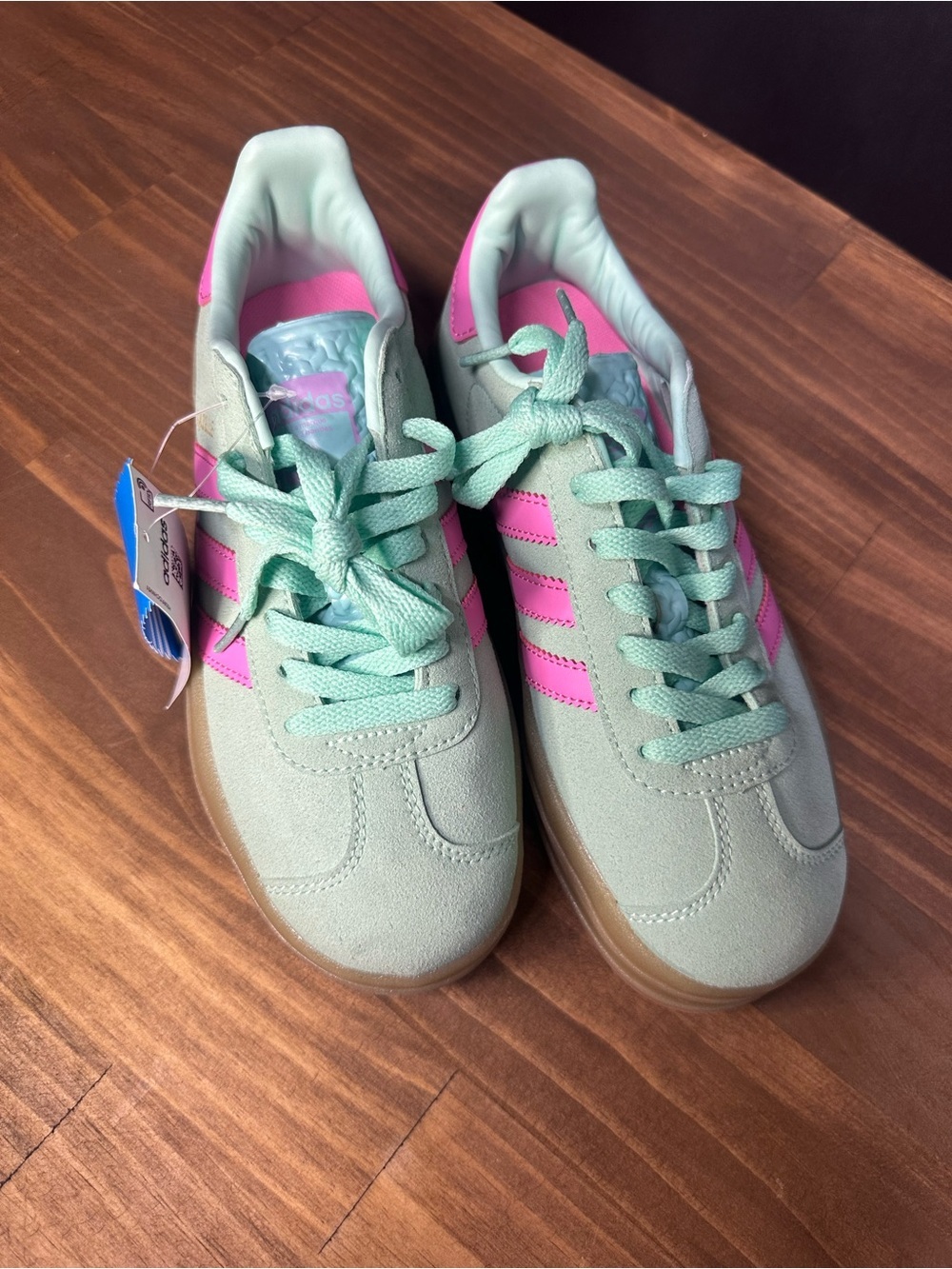 Adidas Gazelle Mint Green and Pink Suede Platform Sneakers - Picture 2 of 7